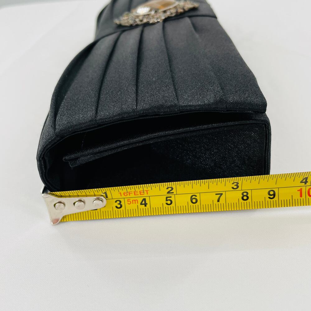 Women Clutch Black Dress Purse Rectangle Cord Strap Rhinestone Embellished - Picture 9 of 10